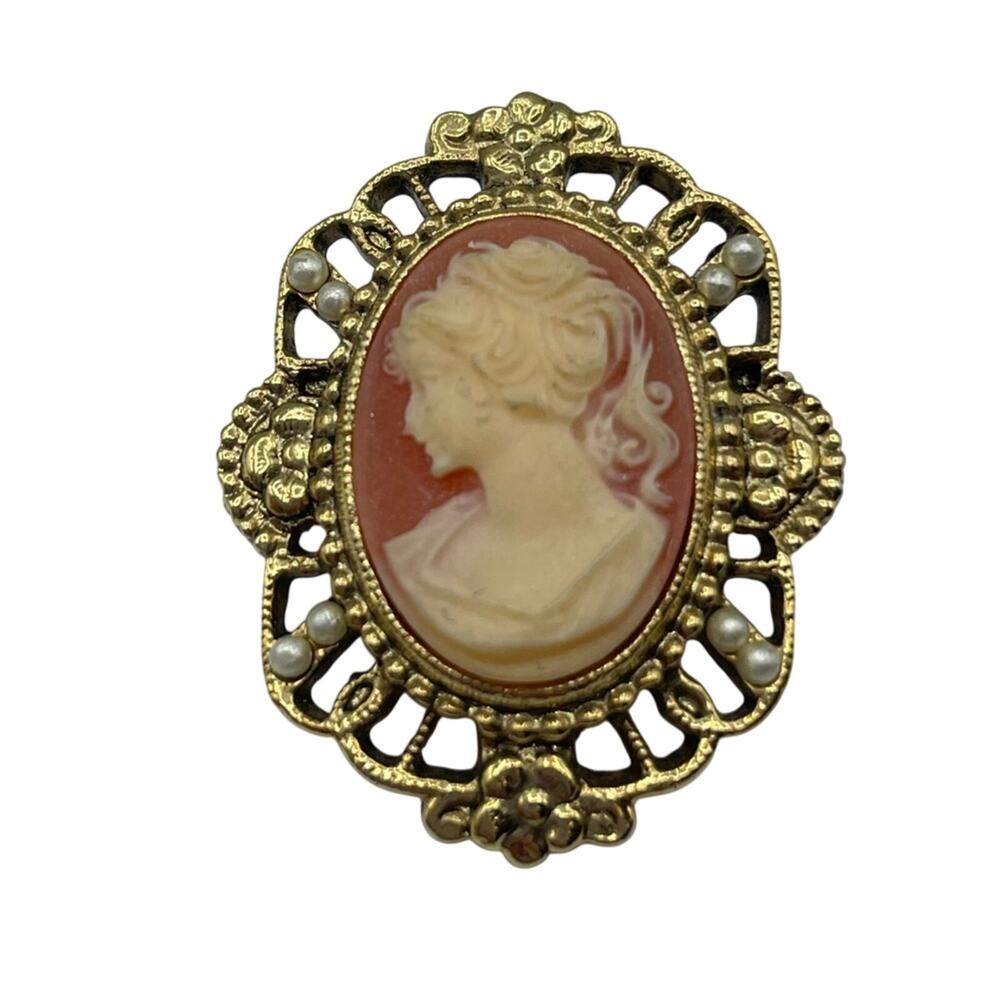 Gold Tone Cameo Orange 1.5 Inch Pin Brooch Jewelry Faux Pearl